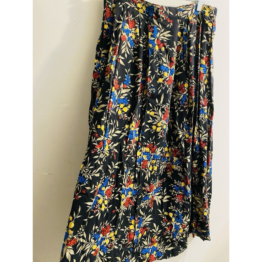 Floral Maxi Skirt L Black w/Florals Cottagecore Prairie Elastic Waist Pleats